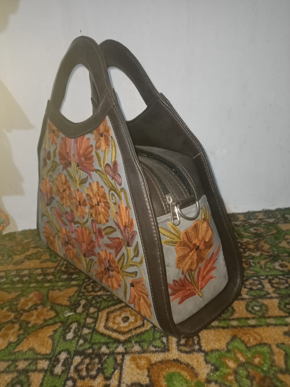 Kashmiri handbags,hand embroided hand bags for women,handmade tote bags,suede leather bags,handmade shoulder bags